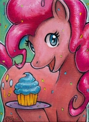 Size: 439x600 | Tagged: safe, artist:aokibengal, pinkie pie, earth pony, pony, cupcake, solo, traditional art