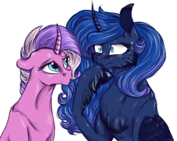 Size: 1000x800 | Tagged: safe, artist:silvy-fret, princess luna, oc, oc:iremia, alicorn, pony, chest fluff, fluffy, magical lesbian spawn, offspring, parent:princess luna, parent:twilight sparkle, parents:twiluna, unshorn fetlocks