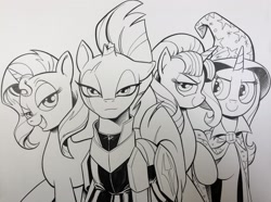 Size: 2048x1520 | Tagged: safe, artist:andypriceart, derpibooru import, starlight glimmer, sunset shimmer, tempest shadow, trixie, pony, unicorn, black and white, broken horn, eye scar, female, grayscale, horn, looking at you, mare, monochrome, quartet, scar, sketch, unicorn master race