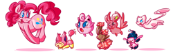 Size: 1280x403 | Tagged: safe, artist:kittyichooseyou, pinkie pie, earth pony, jigglypuff, pony, buneary, crossover, mew, mime jr., minccino, pink, pokémon, shiny pokémon, skitty