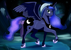 Size: 1527x1080 | Tagged: safe, artist:chrisgotjar, princess luna, alicorn, pony, moon, night, raised hoof, solo, spread wings