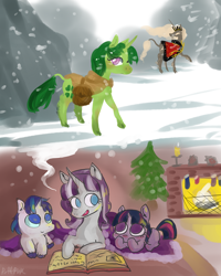 Size: 2000x2500 | Tagged: safe, artist:puffpink, clover the clever, shining armor, twilight sparkle, twilight velvet, pony, unicorn, hearth's warming eve (episode), filly, hearth's warming eve, reading