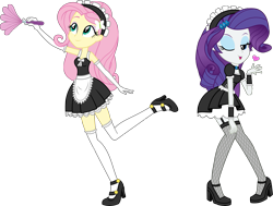 Size: 3241x2453 | Tagged: safe, artist:imperfectxiii, fluttershy, rarity, equestria girls, adorasexy, beautiful, beautisexy, blowing a kiss, clothes, commission, cute, duo, duster, fishnet stockings, frilly socks, gloves, heart, high heels, long gloves, maid, one eye closed, open mouth, raised leg, sexy, shoes, simple background, sleeveless, smiling, socks, stockings, thigh highs, transparent background, vector, wink