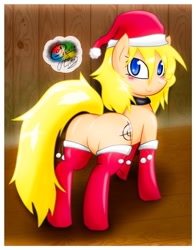Size: 1192x1524 | Tagged: safe, artist:rockarboom, oc, oc only, oc:aimmy, clothes, cute, featureless crotch, hat, looking back, plot, santa hat, socks, solo, stockings, thigh highs