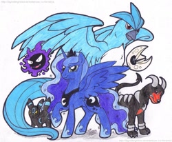 Size: 985x812 | Tagged: safe, artist:artistnjc, princess luna, alicorn, pony, articuno, crossover, determination, ethereal mane, female, gastly, houndoom, legendary pokémon, lunatone, mare, pokémon, pokémon team, raised hoof, redraw, shiny pokémon, spread wings, starry mane, traditional art, umbreon, video game crossover, wings