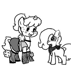 Size: 640x600 | Tagged: safe, artist:ficficponyfic, oc, oc only, oc:emerald jewel, oc:loupe, earth pony, goo, pony, belt, blank flank, clothes, collar, colt, colt quest, cute, female, fishnet stockings, foal, grin, hair over one eye, makeup, male, mare, miniskirt, monochrome, ponytail, skirt, skirt lift, smiling, socks, stockings, story included, sweat, thigh highs