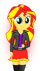 Size: 2814x4996 | Tagged: safe, artist:uliks-uliks, sunset shimmer, equestria girls, absurd resolution, belly button, clothes, cute, jacket, leather jacket, midriff, skirt, socks, solo, thigh highs, zettai ryouiki