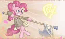 Size: 2000x1208 | Tagged: safe, artist:speccysy, pinkie pie, pony, axe, bipedal, crossover, solo, tera