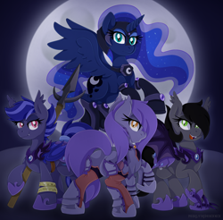 Size: 2414x2371 | Tagged: safe, artist:pearlyiridescence, princess luna, oc, oc:jasmine, oc:midnight flow, oc:night watch, bat pony, pony, armor, claws, clothes, fangs, jewelry, looking back, moon, night, night guard, socks, spear, stockings, thigh highs, weapon