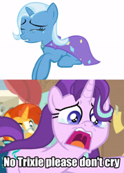 Size: 4000x5560 | Tagged: safe, derpibooru import, edit, edited screencap, screencap, trixie, twilight sparkle, unicorn twilight, pony, unicorn, a horse shoe-in, big no, cropped, crying, cute, dramatic, female, filly, glimmerbetes, mare, phyllis no!, sad, school, screaming, text, woobie, younger