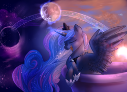 Size: 5000x3634 | Tagged: safe, artist:segraece, princess luna, alicorn, pony, balcony, crown, eyes closed, female, leaning, mare, moon, music notes, night, open mouth, singing, smiling, solo, spread wings, sunset, twilight (astronomy)