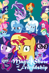 Size: 1424x2110 | Tagged: safe, artist:biggernate91, artist:equinepalette, derpibooru import, edit, editor:biggernate91, applejack, fluttershy, pinkie pie, rainbow dash, rarity, sci-twi, starlight glimmer, sunburst, sunset shimmer, trixie, twilight sparkle, twilight sparkle (alicorn), alicorn, pony, seapony (g4), fanfic:magic show of friendship, better together, equestria girls, diamond, equestria girls logo, geode of telekinesis, human ponidox, humane five, humane seven, humane six, logo, magical geodes, mane six, poster, seaponified, seapony starlight glimmer, self ponidox, species swap, square crossover, text, twolight