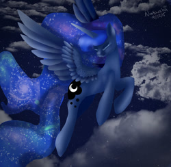 Size: 1024x998 | Tagged: safe, artist:luna-republic1, princess luna, alicorn, pony, cloud, eyes closed, flying, night, solo