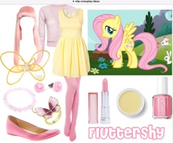 Size: 788x651 | Tagged: safe, angel bunny, fluttershy, clothes, cosplay, costume, crossplay, dress, flower, grass, ideas, inspired outfits, jewelry, lipstick, makeup, pink, shirt, shoes, socks, stockings, thigh highs, tree, wig