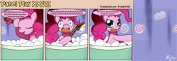 Size: 1400x489 | Tagged: safe, artist:frank1605, artist:solar-slash, pinkie pie, earth pony, pony, bath, comic, panel play, spanish, translation