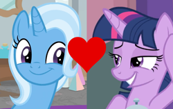 Size: 1356x852 | Tagged: safe, derpibooru import, edit, edited screencap, screencap, trixie, twilight sparkle, twilight sparkle (alicorn), alicorn, pony, a horse shoe-in, a trivial pursuit, cropped, female, lesbian, shipping, shipping domino, twixie