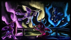 Size: 1184x675 | Tagged: dead source, safe, artist:auroriia, princess cadance, princess celestia, princess luna, twilight sparkle, twilight sparkle (alicorn), alicorn, pony, season 4, twilight's kingdom, alicorn tetrarchy, aurora borealis, balcony, female, mare, song