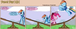 Size: 1400x530 | Tagged: safe, artist:frank1605, artist:solar-slash, pinkie pie, rainbow dash, earth pony, pegasus, pony, comic, panel play, spanish, translation