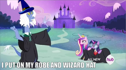 Size: 842x469 | Tagged: safe, edit, edited screencap, screencap, discord, princess cadance, twilight sparkle, twilight sparkle (alicorn), alicorn, draconequus, pony, all new, bloodninja, blue flu, castle, female, glasses, hat, hub logo, i put on my robe and wizard hat, image macro, male, mare, meme, necktie, robes, text, twily trotter, wizard hat