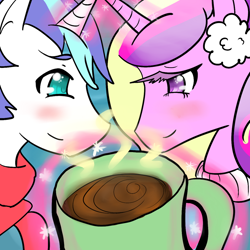 Size: 1024x1024 | Tagged: safe, artist:alienkittykun, princess cadance, shining armor, alicorn, pony, unicorn, blushing, clothes, hot chocolate, looking at each other, scarf, sweater