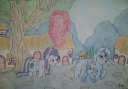 Size: 1142x796 | Tagged: safe, artist:iistarshineii, derpibooru import, starlight glimmer, trixie, pony, unicorn, all bottled up, anger magic, duo, female, magic, mare, ponyville, signature, tired, traditional art, tree