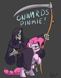 Size: 1000x1274 | Tagged: safe, artist:atryl, pinkie pie, earth pony, pony, binky, bridle, crossover, discworld, duo, gray background, grim reaper, rearing, riding, scythe, simple background