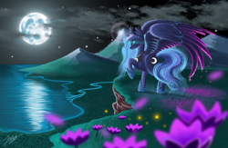 Size: 4000x2600 | Tagged: safe, artist:duskie-06, princess luna, alicorn, pony, cliff, color porn, flower, lake, moon, mountain, night, ocean, raised hoof, river, solo, spread wings, water