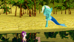 Size: 1280x720 | Tagged: safe, artist:fullmoonrose7, artist:stefano96, derpibooru import, starlight glimmer, trixie, mermaid, pony, 3d, mermaidized, palm tree, species swap, spell gone wrong, tree