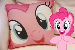 Size: 933x622 | Tagged: safe, pinkie pie, earth pony, pony, cute, female, mare, photo, pillow, pink coat, pink mane