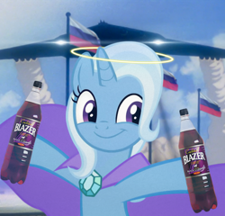 Size: 1250x1202 | Tagged: safe, artist:ramprover, derpibooru import, edit, edited screencap, screencap, trixie, pony, unicorn, a horse shoe-in, alcohol, cropped, cute, cyrillic, diatrixes, plane, russian, smiling, solo