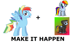 Size: 1337x796 | Tagged: safe, rainbow blitz, rainbow dash, pegasus, pony, mentally advanced series, all caps, costume, exploitable meme, make it happen, meme, meta, rule 63