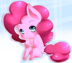 Size: 3847x3394 | Tagged: safe, artist:salamiasami, pinkie pie, anthro, unguligrade anthro, ambiguous facial structure, blushing, breasts, chibi, featureless breasts, female, high res, looking at you, sitting, smiling, solo