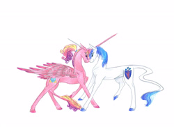 Size: 3508x2551 | Tagged: safe, artist:dawn22eagle, princess cadance, shining armor, alicorn, classical unicorn, pony, unicorn, leonine tail, simple background