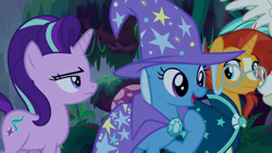 Size: 1920x1080 | Tagged: safe, derpibooru import, screencap, starlight glimmer, sunburst, terramar, trixie, pony, student counsel