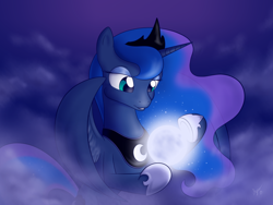 Size: 1024x768 | Tagged: safe, artist:sycotei-b, princess luna, alicorn, pony, cloud, moon, solo, tangible heavenly object