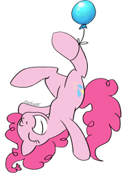 Size: 660x880 | Tagged: safe, artist:conicer, pinkie pie, earth pony, pony, g4, balloon, eyes closed, happy, hung upside down, simple background, solo, then watch her balloons lift her up to the sky, transparent background, upside down