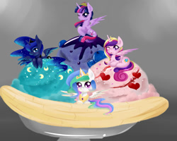 Size: 2000x1600 | Tagged: safe, artist:moeru789, princess cadance, princess celestia, princess luna, twilight sparkle, twilight sparkle (alicorn), alicorn, pony, :3, alicorn tetrarchy, banana, blueberry, chibi, cute, female, ice cream, looking at you, mare, ponies in food, prone, sitting, spread wings, strawberries, strawberry, tiny ponies, tongue out, wink