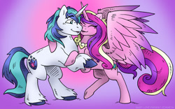 Size: 1100x687 | Tagged: safe, artist:kaemantis, princess cadance, shining armor, alicorn, pony, unicorn, female, hug, male, shiningcadance, shipping, straight