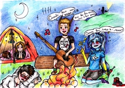 Size: 3467x2461 | Tagged: safe, artist:starwantrix, derpibooru import, trixie, equestria girls, campfire, camping, crescent moon, lantern, moon, music notes, outdoors, singing, tent, traditional art