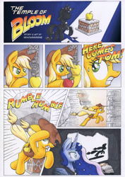 Size: 3490x4930 | Tagged: safe, artist:xeviousgreenii, applejack, princess luna, tom, alicorn, earth pony, pony, comic:the temple of bloom, absurd resolution, apple, boulder, comic, crepuscular rays, crossover, food, indiana jones, parody, raiders of the lost ark, running, saddle bag