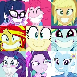 Size: 640x640 | Tagged: safe, derpibooru import, edit, screencap, applejack, fluttershy, pinkie pie, rainbow dash, rarity, sci-twi, starlight glimmer, sunset shimmer, trixie, twilight sparkle, better together, epic fails (equestria girls), eqg summertime shorts, equestria girls, equestria girls (movie), mirror magic, movie magic, rainbow rocks, rollercoaster of friendship, spoiler:eqg specials, big smile, cute, dashabetes, diapinkes, diatrixes, faic, glimmerbetes, happyshy, humane five, humane nine, humane seven, humane six, jackabetes, mane nine, photobombing trixie, rainbow dash is best facemaker, raribetes, sci-twi is best facemaker, shimmerbetes, shyabetes, teeth, twiabetes