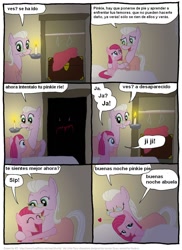 Size: 802x1102 | Tagged: safe, artist:frank1605, artist:kturtle, pinkie pie, earth pony, pony, comic:the story of granny pie, bed, candle, closet, clothes hanger, comic, dialogue, eyes closed, female, filly, glasses, granny pie, heart, lidded eyes, mare, pillow, spanish, translation