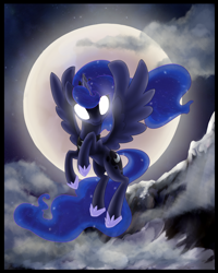 Size: 2400x3000 | Tagged: safe, artist:impydoo, princess luna, alicorn, pony, flying, glowing eyes, moon, night, solo