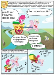 Size: 802x1095 | Tagged: safe, artist:frank1605, artist:kturtle, derpy hooves, pinkie pie, earth pony, pegasus, pony, comic:the story of granny pie, comic, dialogue, eyes closed, female, filly, flying, granny pie, mare, music notes, smiling, spanish, translation