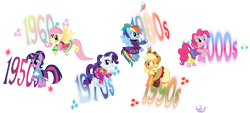 Size: 6607x2991 | Tagged: safe, artist:meganlovesangrybirds, applejack, fluttershy, pinkie pie, rainbow dash, rarity, twilight sparkle, pony, equestria girls, friendship through the ages, rainbow rocks, '90s, 2000s, 50s, 60s, 70s, 80s, absurd resolution, clothes, cutie mark, dress, equestria girls outfit, equestria girls ponified, fashion, flying, mane six, open mouth, ponified, raised hoof, simple background, smiling, socks, spread wings, stockings, thigh highs, transparent background