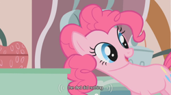 Size: 640x355 | Tagged: safe, screencap, pinkie pie, earth pony, pony, dvd, female, mare, pink coat, pink mane, youtube caption