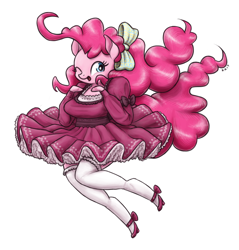 Size: 1280x1337 | Tagged: safe, artist:king-kakapo, pinkie pie, anthro, arm hooves, bow, breasts, clothes, cute, dress, female, hair bow, happy, one eye closed, open mouth, pinkie pies, shoes, simple background, smiling, socks, solo, stockings, thigh highs, wink