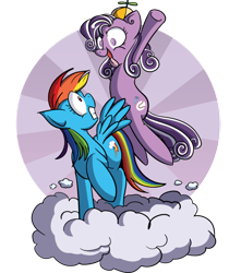 Size: 600x715 | Tagged: safe, artist:xkappax, rainbow dash, screwball, pegasus, pony, cloud, flying, hat, propeller hat, scared, swirly eyes