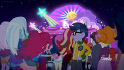 Size: 1366x768 | Tagged: safe, derpibooru import, screencap, bon bon, desert sage, fleur-de-lis, ginger owlseye, microchips, pinkie pie, scribble dee, sweetie drops, track starr, trixie, better together, equestria girls, sunset's backstage pass!, bound together, crowd, discovery family logo, ink jet, neon, night, stage, sunset, wristband