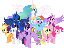 Size: 3980x3000 | Tagged: safe, artist:theshadowstone, applejack, fluttershy, pinkie pie, princess cadance, princess celestia, princess luna, rainbow dash, rarity, spike, twilight sparkle, twilight sparkle (alicorn), alicorn, dragon, earth pony, pegasus, pony, unicorn, female, looking at you, mane seven, mane six, mare, open mouth, simple background, smiling, spread wings, transparent background, vector